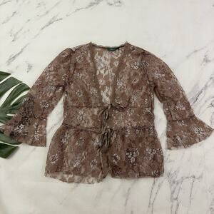 Ambiance Womens Vintage Y2k Lace Top Size M Brown Silver Sheer Bell Sleeve Bows